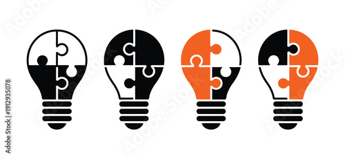 Puzzle piece light bulb four icons set black yellow vector illustration collection design, minimalist icon pack combining creativity and logic concepts for education materials, startup branding, 
