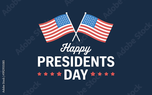 American flags and Happy Presidents Day greeting on blue background
