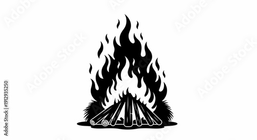 A striking black and white illustration of a bonfire with logs and flames reaching upwards, creating a warm and inviting glow.