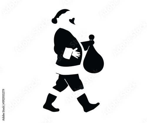 Black silhouette of Santa Claus carrying gifts