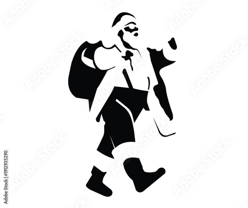 Black silhouette of Santa Claus bringing Christmas gifts