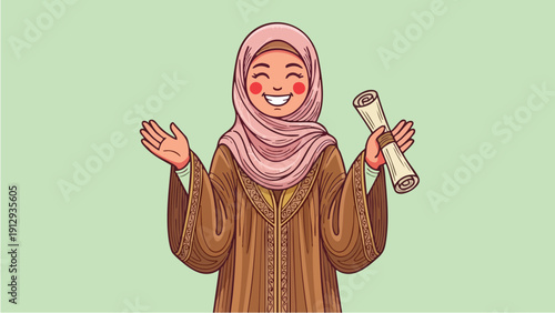 Happy Muslim Woman Holding Graduation Scroll.