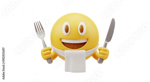 Hungry Emoji Character Ready to Eat with Fork and Knife