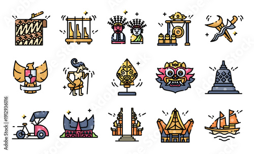 Indonesian Culture Traditional Icon Set Fill Cut Style