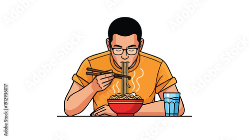 Man Enjoying a Delicious Bowl of Noodles with Chopsticks.