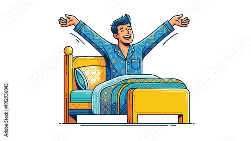 Man happily waking up stretching in bed.