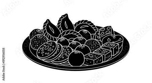 A detailed black and white illustration of a plate filled with various traditional Indian sweets and desserts, showcasing different shapes and textures.