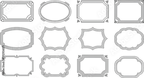 Hand-drawn ornate decorative frames and labels, vintage border designs, rectangular oval scalloped shapes, graphic design elements, invitation packaging scrapbooking illustration concept