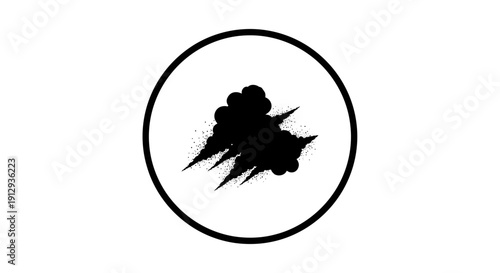 Abstract black explosion burst graphic icon within a black-outlined white circle on a white background.
