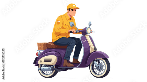 Man riding a vintage purple scooter with a yellow jacket.