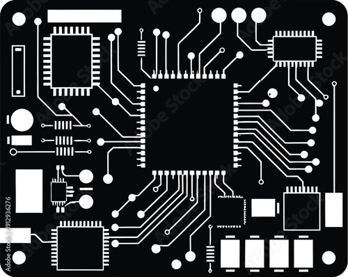 Black printed circuit board features many white connection traces.