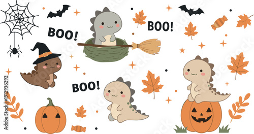 Cute Halloween dinosaur illustration set with pumpkins, broom, bats, spider web, autumn leaves, and playful spooky elements for kids designs