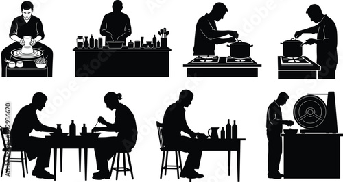 Black silhouette illustration of culinary and beverage preparation activities, featuring cooking, bartending, pottery, tasting, and food processing in creative kitchen settings