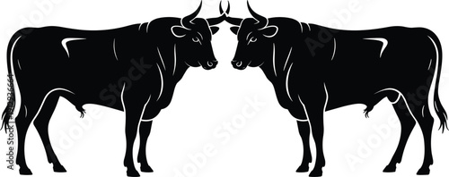 Bull silhouette pair isolated on white background, strong cattle animal vector set for farm design, zodiac symbol, livestock illustration bundle