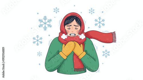 Person shivering in cold weather with scarf and gloves.