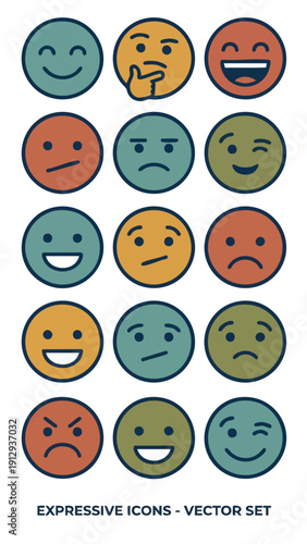 Set of expressive emoji icons with various emotions.