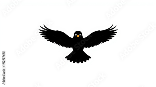 Simple Cartoon Bird Flying with Wings Wide Open – Clean Black Silhouette Animal Shadow on White Background