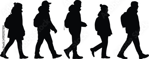 Walking people with backpack silhouette collection isolated on white background, casual traveler vector set for outdoor lifestyle design illustration bundle