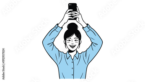 Woman taking a selfie with her smartphone above her head.