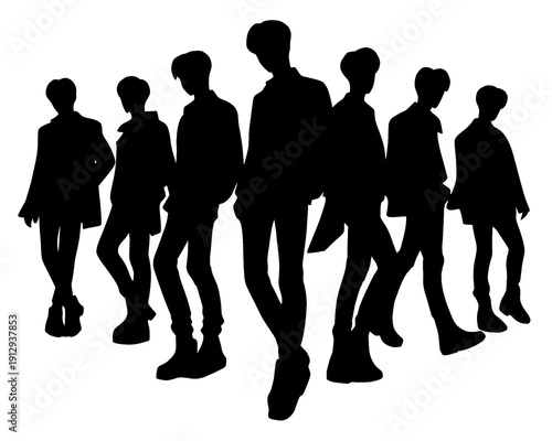 silhouette of handsome male idol group, cool male standing pose, vector illustration
