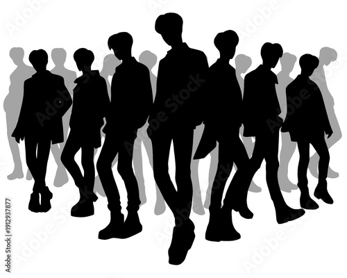 silhouette of handsome male idol group, cool male standing pose, vector illustration, icon isolated on white background
