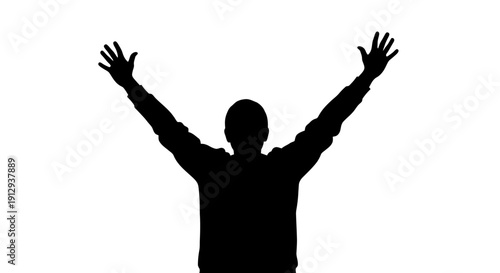 A black silhouette of a person with arms raised in triumph or celebration against a stark white background.