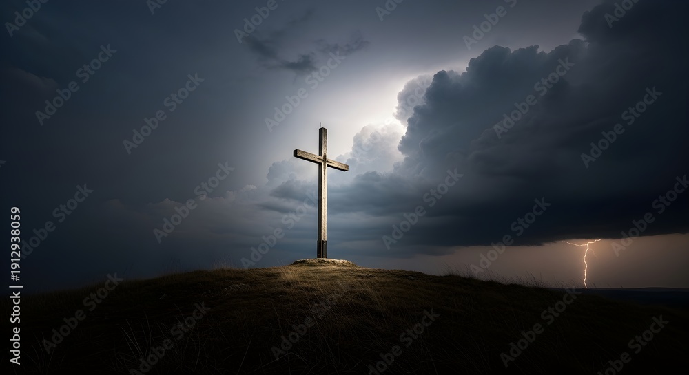 Obraz premium Wooden cross silhouetted against a dramatic stormy sky with lightning
