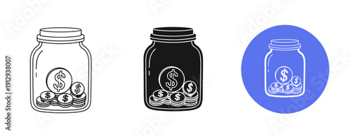Jar icons with coins and dollar symbols in black and blue circular variants