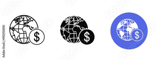 Three globe and dollar sign icons in black and blue on white background