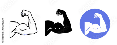 Stylized arm flexing icon set in black and white with blue background circle