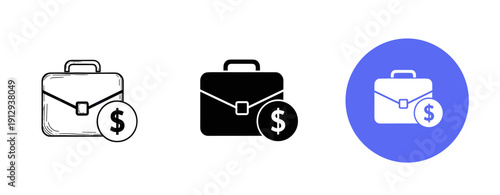Set of three briefcase icons with dollar sign on white background
