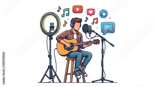 Young man playing guitar and singing into microphone for online content creation.