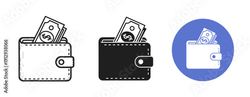 Minimalist wallet icon set: monochrome and colored variations with cash insert