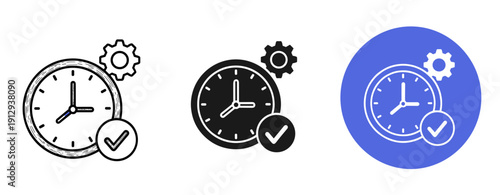 Clock and gear icons with checkmarks indicating time management and efficiency
