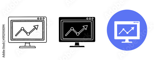 Set of computer screens displaying line graphs with increasing arrows in varied styles