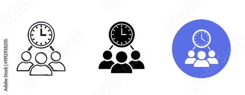 Time management concepts: three icon variations of people with clocks