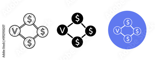 Cryptocurrency and finance icons: dollar and v symbols in trio designs