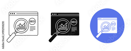 Seo optimization icons with magnifying glass and graphs in line, solid, and blue styles