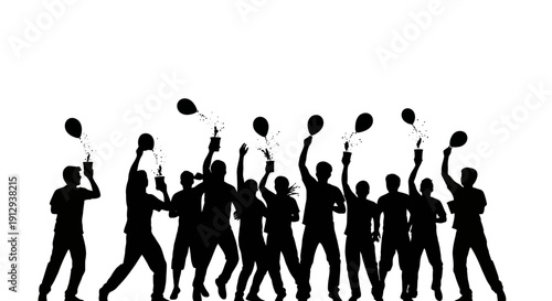 Silhouettes of a group of people celebrating with balloons and party poppers, creating a festive atmosphere.
