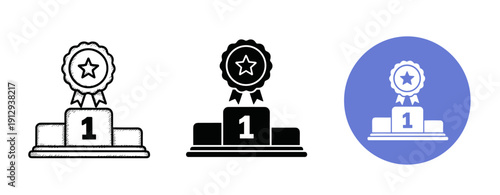 Three award podium icon variations with first place ribbons