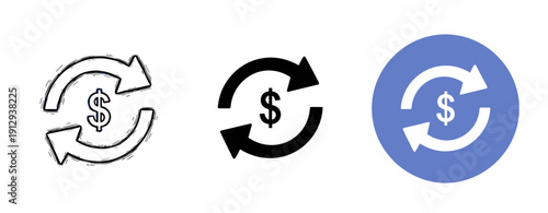 Dollar symbol with circular arrows in three graphic styles