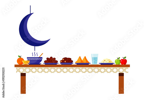 Flat design illustration vector of a festive table setting with a crescent moon, various dishes, and a glass of water on a decorative tablecloth against a white background.