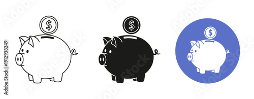 Set of three piggy banks with coins: black, white, and blue variants