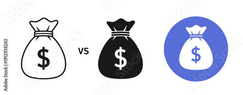 Comparison of black and white money bags with dollar symbols on white background