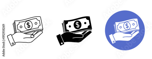 Icon set of hands holding cash in outline, solid, and colored styles