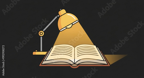 Open Book with Desk Lamp on Black Background, Vector Illustration