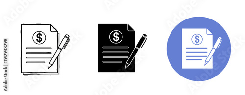 Financial document icons with dollar symbol and pen in various styles
