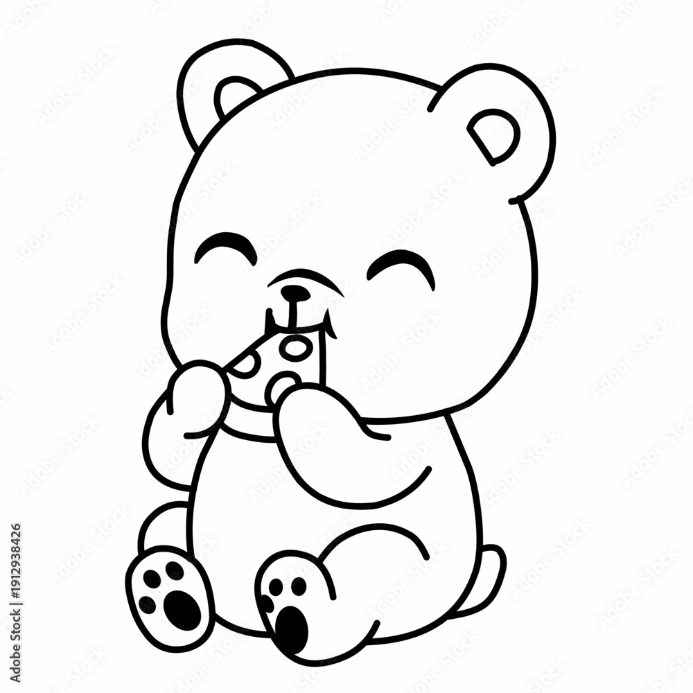 Fototapeta premium Cute teddy bear eating pizza cartoon vector, kawaii mascot character in flat outline illustration style, adorable animal isolated with clean line art, perfect for coloring page, kids design, and stick