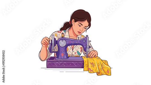 Young woman diligently sewing fabric on a vintage sewing machine.