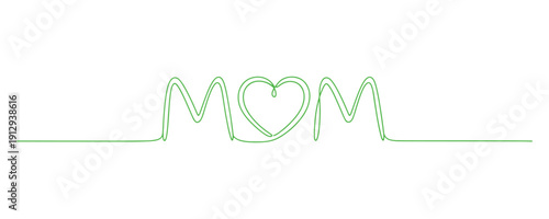 A festive card featuring line art of a heart and the word 'mom'. This minimalist contour vector illustration is perfect for design.
